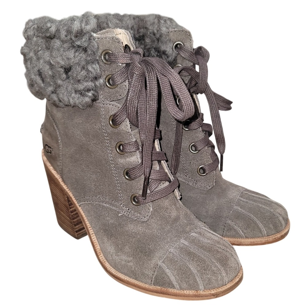 UGG Jaxon Shearling Cuff Women's Suede Ankle Bootie 7.5 Cold Weather Office Work